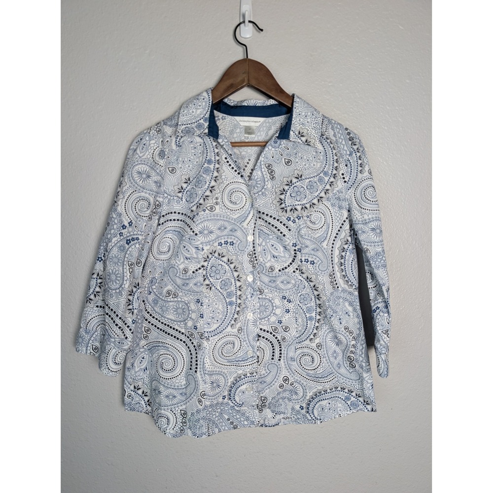 Christopher & Banks Womens Blue White Paisley 100% Cotton 3/4 Sleeve Top Size M